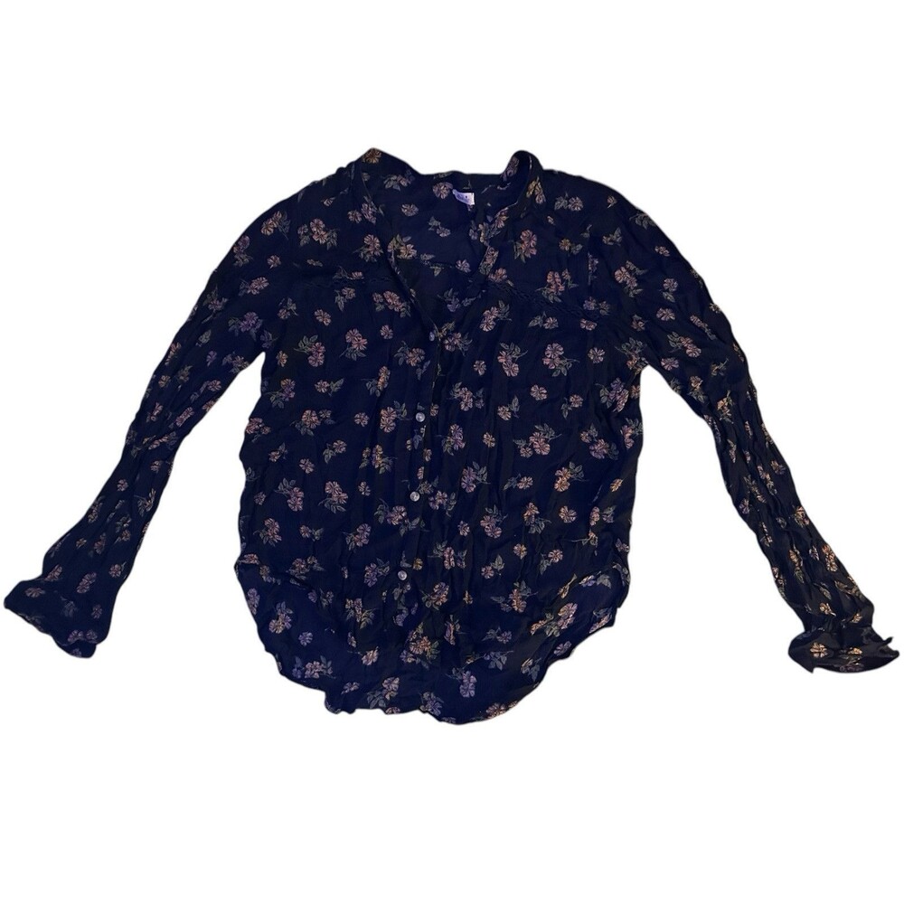 Hollister Women's Medium Blouse Blue Floral Top Button Front Shirt Casual